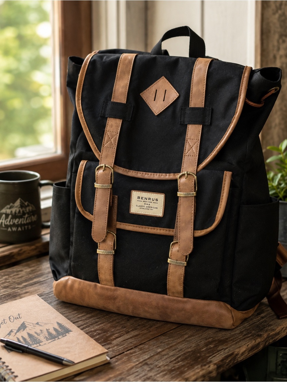 BENRUS New York Classic American Heritage Backpack Black Tan Rucksack